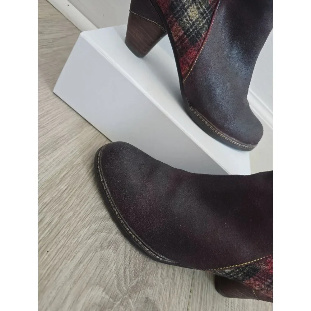 L'artiste Spring Step Scottala Burgundy Red Leather Zip Plaid Ankle Boots 39 8.5